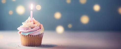 ai generiert ein Geburtstag Cupcake ist mit einer Kerze und Sträusel auf oben foto