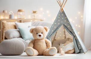 ai generiert ein Babys Spielzimmer mit ein Teddy Bär und Bett foto