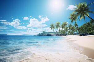 ai generiert ein schön Strand mit Palme Bäume und das Ozean Wasser im das Hintergrund foto