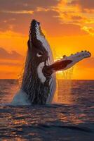 ai generiert Wal Springen aus von Wasser beim Sonnenuntergang foto