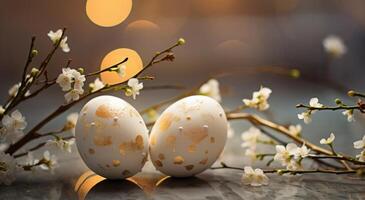 ai generiert Ostern Ostern zwei Eier sitzen Nieder auf Geäst foto