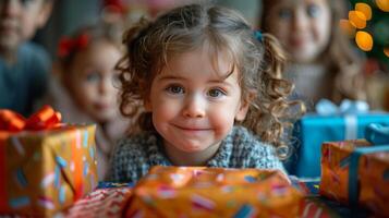 ai generiert wenig Mädchen Sitzung Nächster zu Stapel von die Geschenke foto