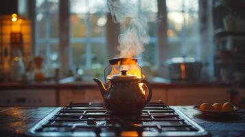 ai generiert ein nostalgisch Bild von ein Jahrgang Kaffee Topf brauen Kaffee Über ein öffnen Flamme foto