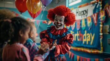 ai generiert Clown Sitzung durch Luftballons foto