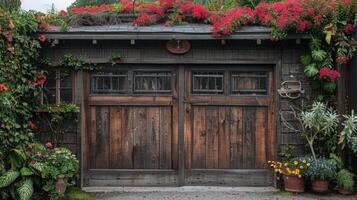 ai generiert ein hölzern Garage Tür mit ein verwittert beenden, Hinzufügen Charakter zu ein charmant Landhausstil Zuhause foto