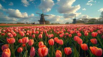 ai generiert weitläufig Feld von Tulpen, mit ein hölzern Windmühle im das Entfernung foto