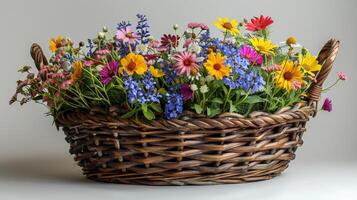 ai generiert braun Rattan Korb mit robust Griffe, überfüllt mit Wildblumen im Schatten von Blau, Gelb, und rot foto