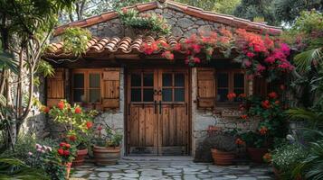 ai generiert ein hölzern Garage Tür mit ein verwittert beenden, Hinzufügen Charakter zu ein charmant Landhausstil Zuhause foto