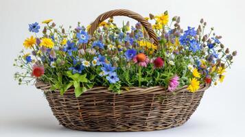 ai generiert braun Rattan Korb mit robust Griffe, überfüllt mit Wildblumen im Schatten von Blau, Gelb, und rot foto