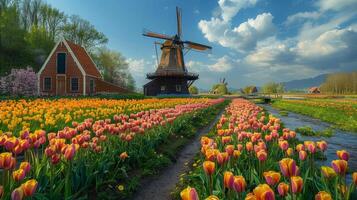 ai generiert weitläufig Feld von Tulpen, mit ein hölzern Windmühle im das Entfernung foto