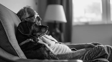 ai generiert ein Mann und seine Hund faulenzen zusammen, mit das Mann Sitzung im ein Stuhl oder auf ein Sofa mit seine Hund durch seine Seite, generativ ai foto