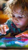 ai generiert interaktiv Lernen, ein Kind mit ein berühren Bildschirm Tablette zu engagieren mit lehrreich Apps oder Digital Lernen Materialien, Hintergrund Bild, generativ ai foto