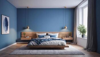 ai generiert groß Schlafzimmer Innere mit modern minimal aussehen Blau Farbe planen foto