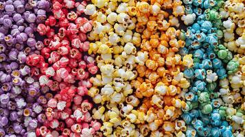 ai generiert sortiert bunt Popcorn Sorten, mehrfarbig Muster, oben Aussicht foto