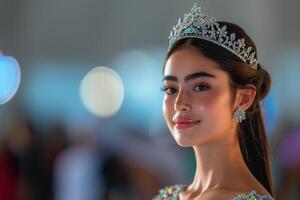 ai generiert arabisch jung Schönheit Königin tragen elegant Tiara, Gewinner auf Bühne foto