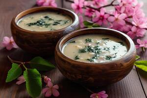 ai generiert traditionell griechisch Ostern magiritsa Suppe mit Ei und Grüns serviert heiß foto