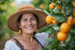 ai generiert Mitte alt spanisch Frau im Orange Obstgarten, lächelnd foto