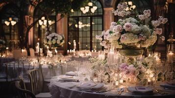 ai generiert luxuriös Hochzeit Tabelle Rahmen mit Blumen- Vereinbarungen und Kerzenlicht foto