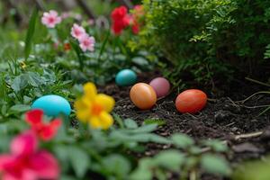 ai generiert Ostern Ei jagen im Frühling Garten mit Blühen Blumen. Ostern Eier im Korb foto