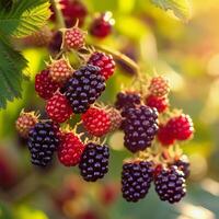 ai generiert reif Brombeeren hängend, bereit zum Ernte, organisch Landwirtschaft, Nahansicht foto