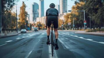 ai generiert Rückseite Aussicht von Mann Radfahren auf leeren Stadt Straße im das Morgen Licht foto