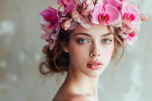 ai generiert jung Frau geschmückt mit beschwingt Orchidee Blume Krone foto