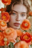 ai generiert Mode Porträt. weiblich Modell- mit Orange Ranunkel Blumen foto