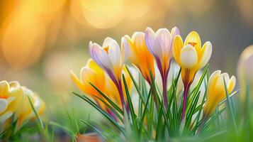 ai generiert Krokus Blumen im frisch Grün Gras, Sonnenschein foto