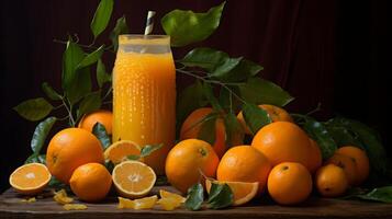 ai generiert frisch Orange Saft inmitten ein Zitrusfrüchte foto