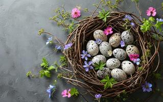 ai generiert traditionell Nest mit Blumen- Motiv Ei Dekoration foto
