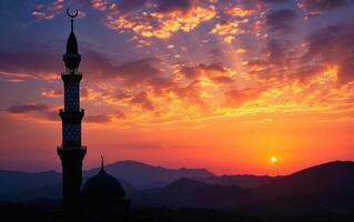 ai generiert Abend Schatten von ein Moschee beim Sonnenuntergang foto