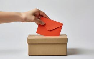 ein detailliert Blick von ein Hand umhüllt im ein rot Pullover, gleiten ein rot Briefumschlag in ein Polling Box foto