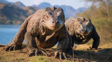 ai generiert komodo Drachen aalen im ihr natürlich Umgebung foto