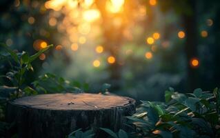 ai generiert Sonnenlicht Abgüsse ein magisch glühen auf Baum Stumpf im gedeihen Wald foto