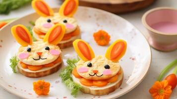 ai generiert süß Hase Sandwiches perfekt zum Kinder Parteien foto