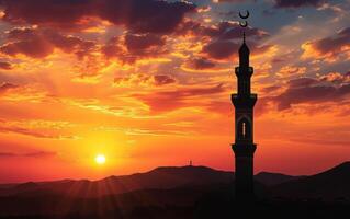 ai generiert Sonnenuntergang Aussicht von ein Moschee Silhouette foto