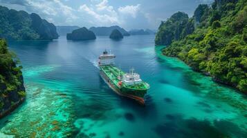 ai generiert ein Tanker verankert im ein geschützt Bucht, umgeben durch kristallklar Wasser und tropisch Inseln foto