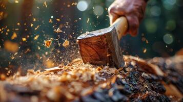 ai generiert Senior Handwerker Handschnitzerei Holz im Wald foto