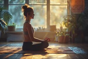 ai generiert friedlich Yoga trainieren beim Sonnenaufgang foto