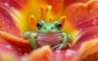 ai generiert schließen oben Foto von ein Grün Frosch entstehenden von beschwingt Orange Blume Blütenblätter