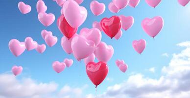 ai generiert viele Rosa Herz geformt Luftballons fliegend zusammen foto