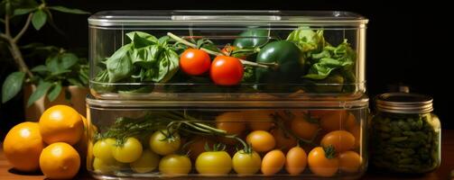 ai generiert Obst und Gemüse im ein Plastik Container im ein Tabelle foto