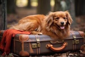 ai generiert Umzug ein Hund. Hund Lügen auf ein Koffer foto