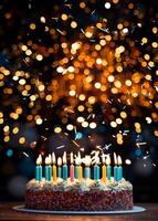 ai generiert Geburtstag Kuchen mit viele Kerzen, Blau und Weiß foto