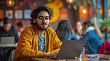 ai generiert ein lebhaft Foto von ein jung Unternehmer Arbeiten auf ein Laptop im ein bunt Coworking Raum