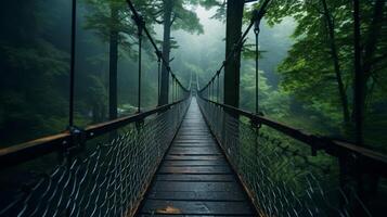 ai generiert mystisch Wald Brücke inmitten üppig Grün Bäume foto