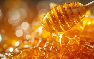 ai generiert ein verlockend schließen Aussicht von Honig Nässen von ein Schöpflöffel foto