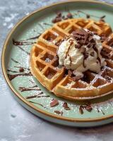 ai generiert Waffel mit Eis Sahne und Schokolade auf oben auf ein Licht Grün Teller foto