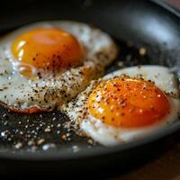 ai generiert gebraten Eier im ein schwarz schwenken sind Sein gekocht, bestreut mit schwarz Pfeffer foto