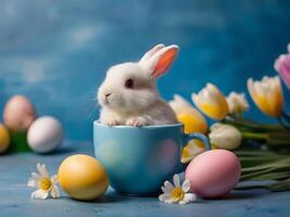 ai generiert Ostern Hase und Ostern Eier auf Blau Hintergrund. braun Hase im Tee Tasse mit Ostern Eier und Frühling Blumen. foto